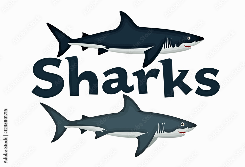 Obraz premium Simple Flat Sharks Poster: Muted Colors, White Background, Text 