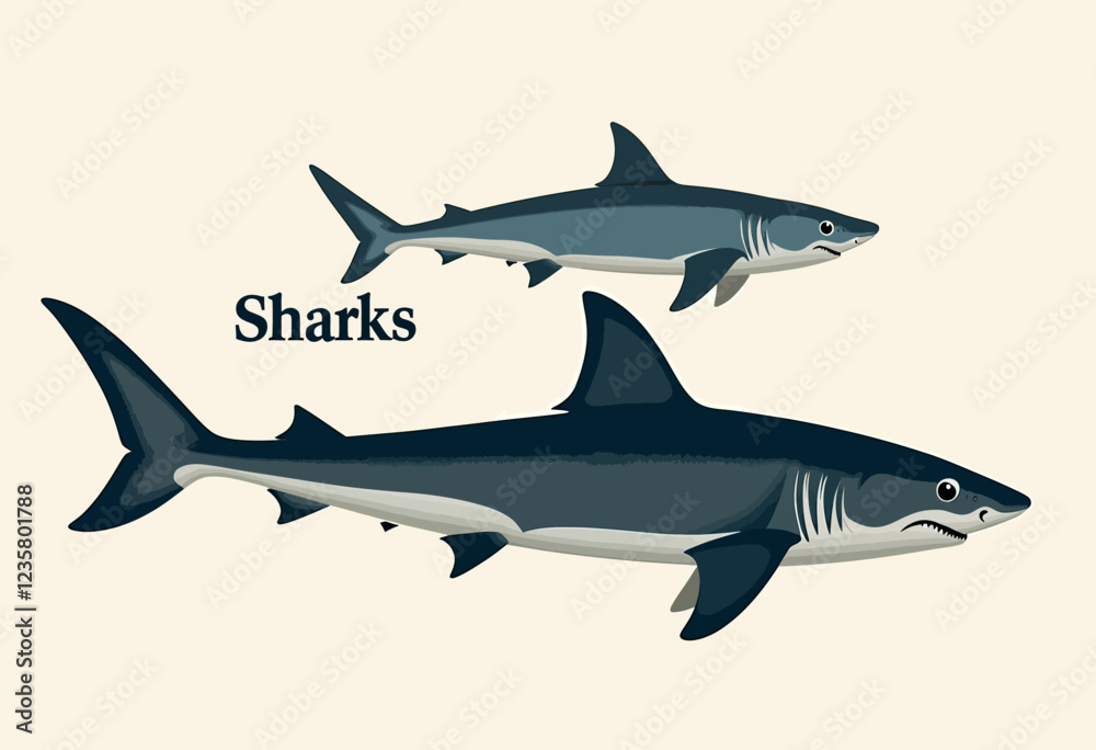 Obraz premium Simple Sharks Poster: Flat Illustration, Muted Colors, White Background, Text 