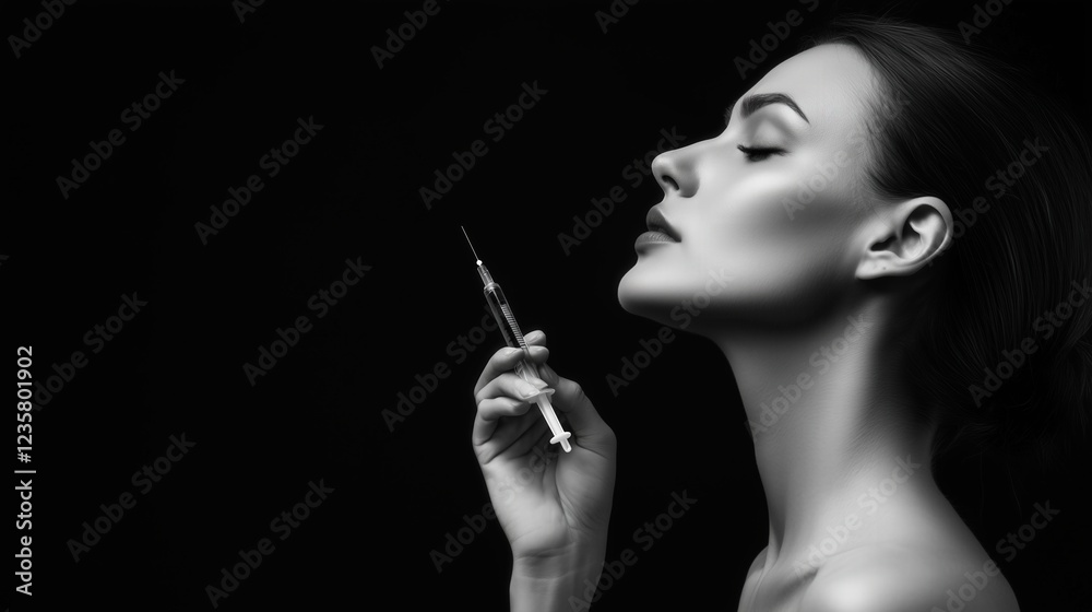 Fototapeta premium Beautiful woman holding syringe for lip augmentation filler injection treatment