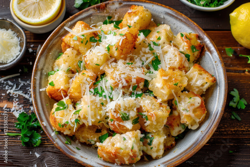 A bowl of crispy, golden garlic croutons covered in melted parmesan and fresh parsley, served with lemon wedges on a rustic wooden table. A perfect snack or salad topping.