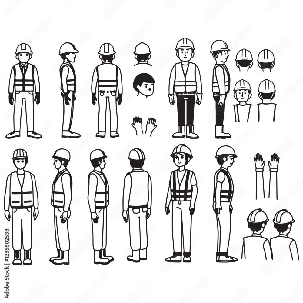 Construction worker, builder in helmet, vest, uniform vector illustration. Character constructor for animation. Front, side, and back view set. Body parts, postures, poses collection. Construction worker, builder in helmet, vest, uniform vector illustration. Character constructor for animation. Front, side, and back view set. Body parts, postures, poses collection.