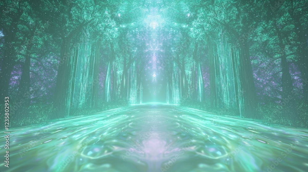 Naklejka premium Luminescent Geometric Transformation in Enchanted Forest Clearing - Ultra-Detailed Cinematic Sci-Fi Dreamscape Concept