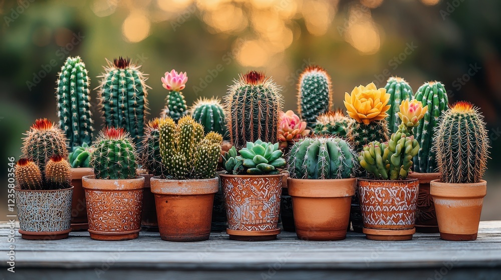 Colorful cacti collection in terracotta pots, garden background, home decor Colorful cacti collection in terracotta pots, garden background, home decor