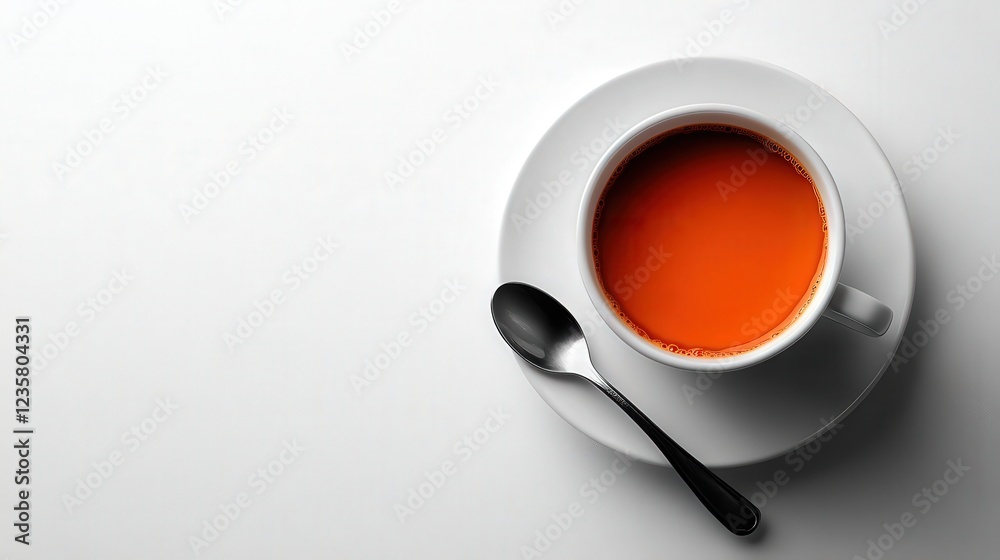 A steaming cup of vibrant orange tea on a minimalist white surface with a sleek spoon A steaming cup of vibrant orange tea on a minimalist white surface with a sleek spoon