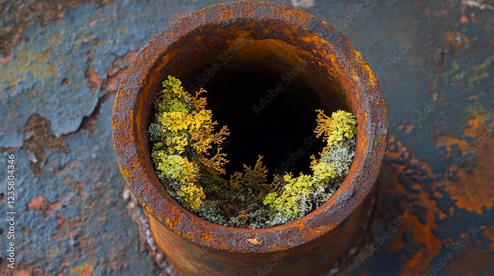 Rusty pipe, lichen growth, industrial decay, outdoor Rusty pipe, lichen growth, industrial decay, outdoor