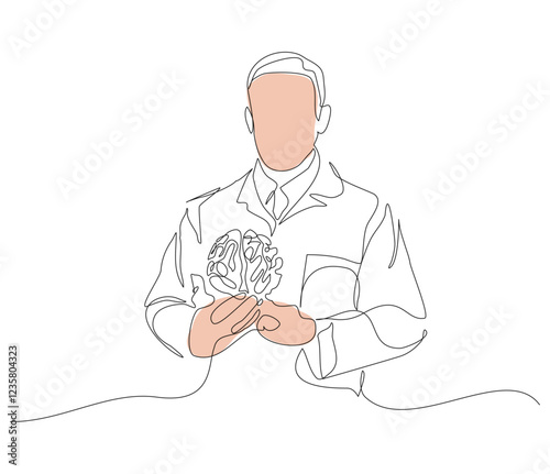 continuous line of doctor standing by holding replica of human body. profession illustration