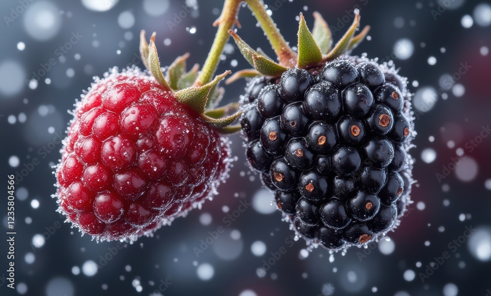 Frosted raspberries and blackberries on display Frosted raspberries and blackberries on display