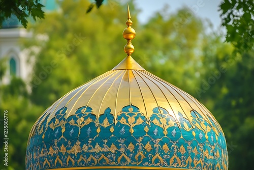 A radiant golden mosque dome, enriched with stunning Arabic patterns and calligraphy, reflects divine beauty. Ideal for backgrounds, wallpapers, and artistic representations of Islamic architecture an photo