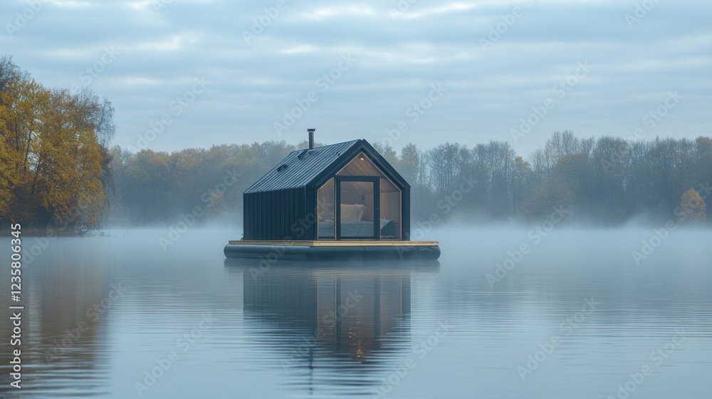 Fototapeta premium Misty lake floating cabin sunrise tranquil escape