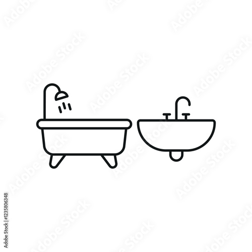 Sink set and bathtub set icon with a clean and minimal design, ideal for bathroom-related visuals, home decor, and interior design themes