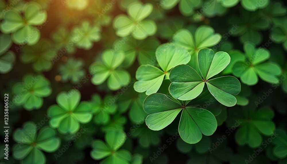 Close-up of lush green shamrocks with sunlight, symbolizing St. Patricks Day luck Close-up of lush green shamrocks with sunlight, symbolizing St. Patricks Day luck