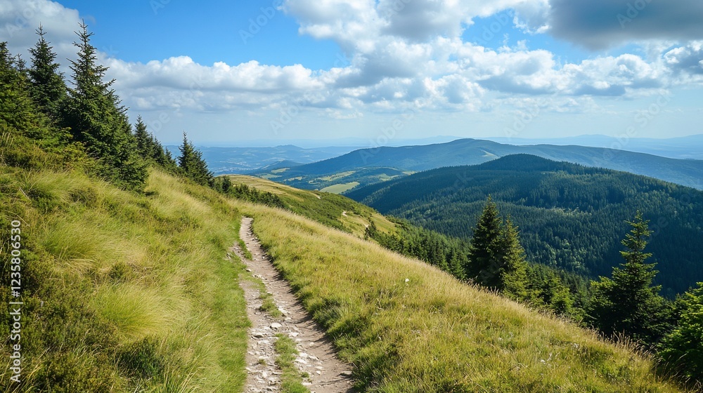 Mountain trail winds through grassy hills under a vast blue sky with white clouds Mountain trail winds through grassy hills under a vast blue sky with white clouds