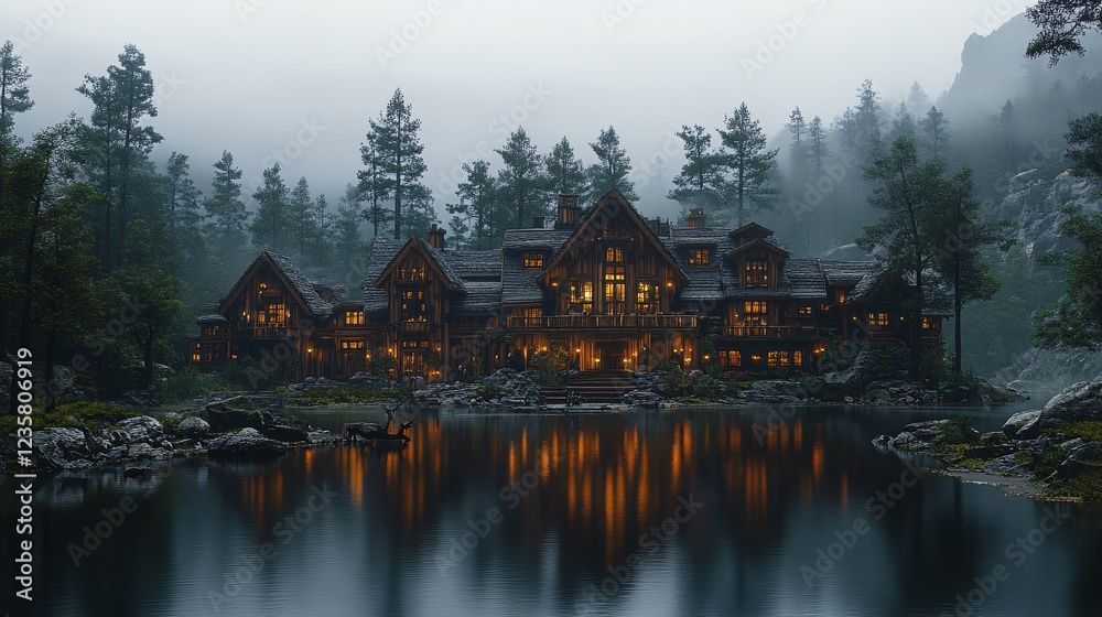 Fototapeta premium Serene Swedish Villa Surrounded by Nature at Dusk