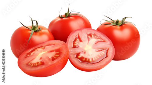 a group of tomatoes with a cut in half