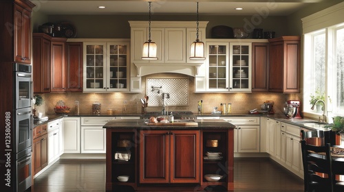 A modern kitchen featuring wooden cabinetry and an island, designed for cooking and socializing.