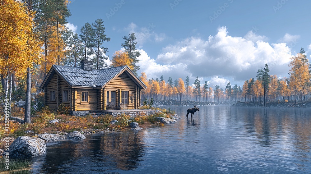 Fototapeta premium Serene Swedish Wooden Villa by Tranquil Water
