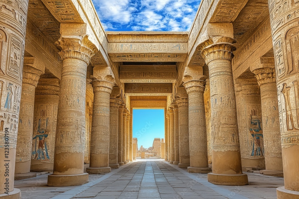 Fototapeta premium Ancient Egyptian temple colonnade, sunlit, open.