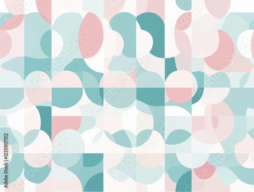 Wallpaper Mural Pastel Geometric Pattern: Abstract background of overlapping circles and squares in muted teal, pink and white. This simple and modern design works well for web banners, social media. Torontodigital.ca