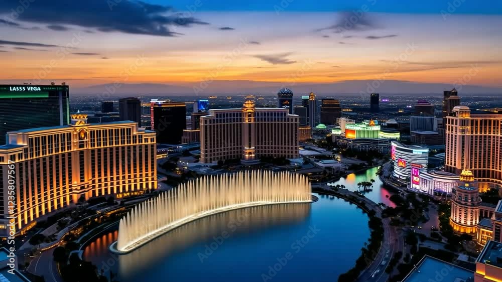 Golden Hour Elegance: Bellagio Fountains on the Las Vegas Strip