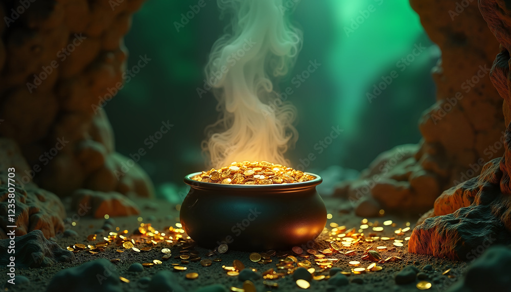 Steaming pot of gold in dark cave, mystical green light, symbolizes wealth and luck Steaming pot of gold in dark cave, mystical green light, symbolizes wealth and luck