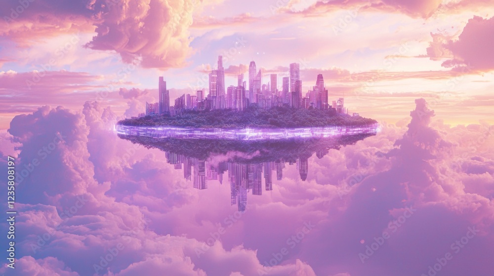 Naklejka premium Futuristic Cityscape Floating in Cosmic Realm with Orchards Reflected, Ultra-Detailed Sci-fi Dreamscape Concept