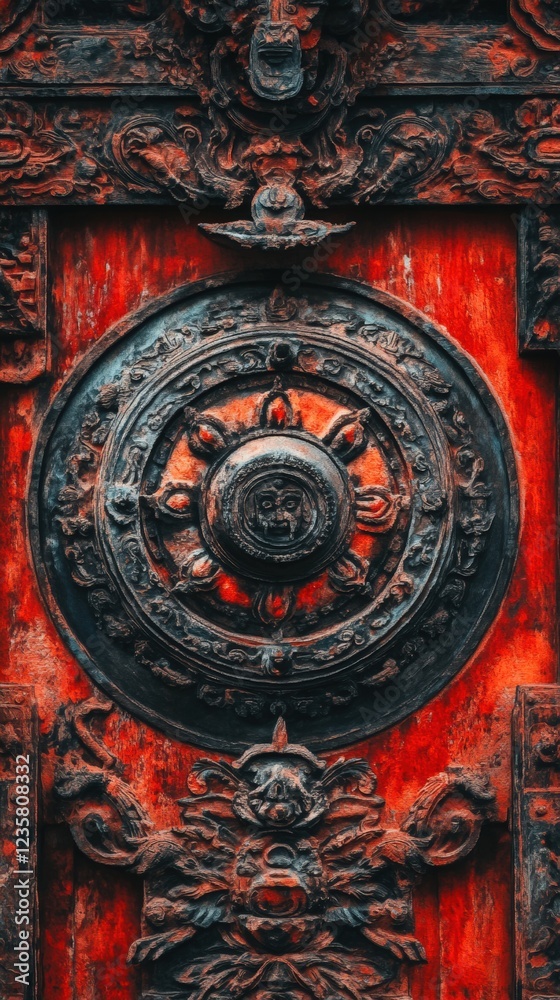 Obraz premium Ornate Buddhist door detail, intricate carving, vibrant red wood. Possible use Stock photo for design, travel, or religion.