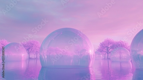 Luminescent Dreamscapes: Surreal Bubblelike Domes and Orchards Reflected in Neon Pastels photo