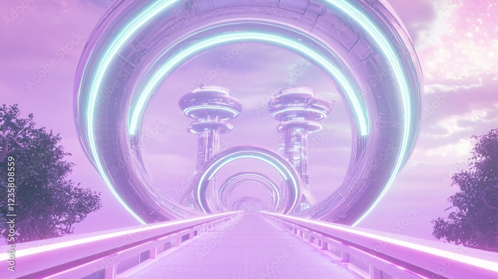 Fototapeta premium Futuristic Towers Connected by Neon Walkway in Dreamlike Orchard Landscape - Ultra-Detailed Sci-fi Dreamscape Concept