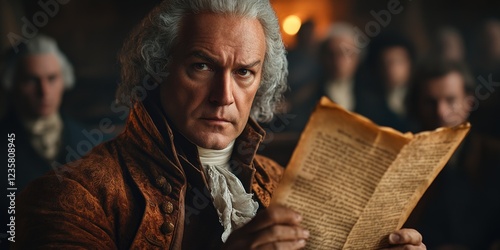 Man reads historical document; colonial setting. photo