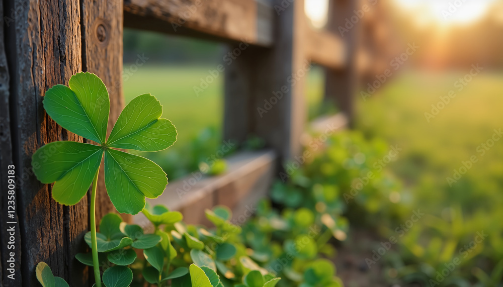 Obraz premium Bright green lucky clover on rustic fence, symbol of luck and St. Patricks Day celebration