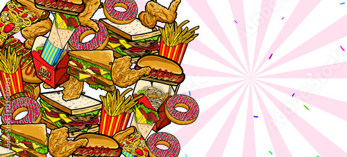 Various food background vector. Hand drawn fast food drawing illustration