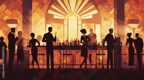 Silhouettes of people at a stylish art deco bar