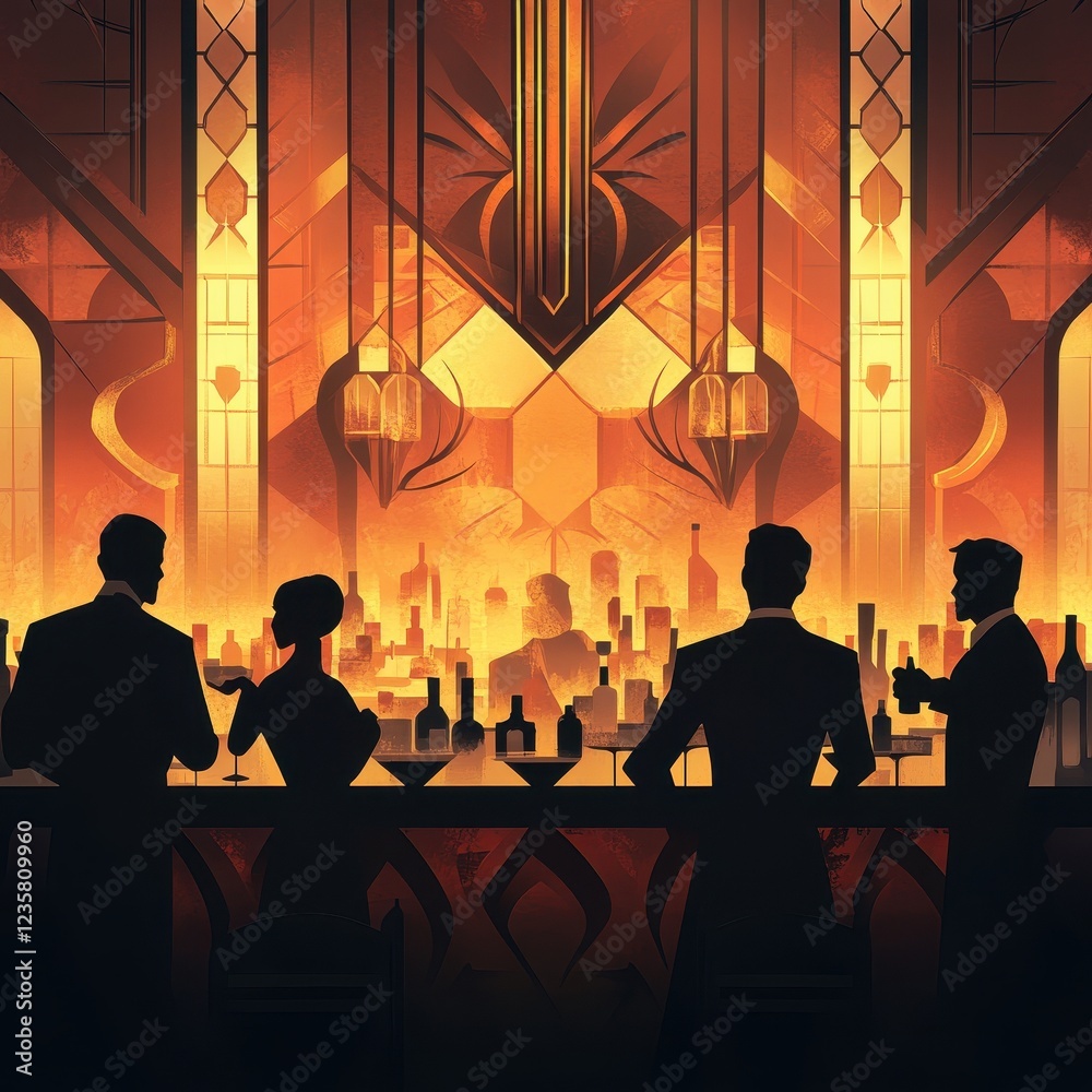 Silhouetted figures at a stylish Art Deco bar Silhouetted figures at a stylish Art Deco bar