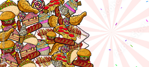Various food background vector. Hand drawn fast food drawing illustration