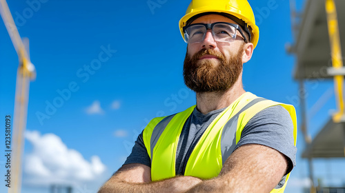 Construction worker, site, thoughtful, sunny day, safety photo