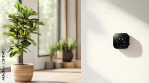 Sleek Smart Thermostat Mounted on a White Wall in a Modern Home Providing Efficient Temperature Control
