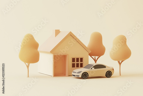 3D minimalistic illustration of house and car. Generative Ai. photo