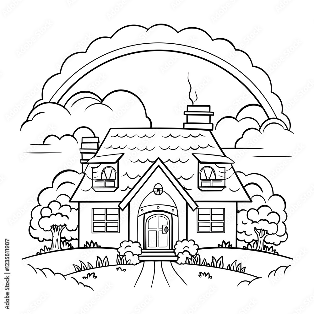 Fototapeta premium Line Art Illustration of a House with Rainbow and Clouds