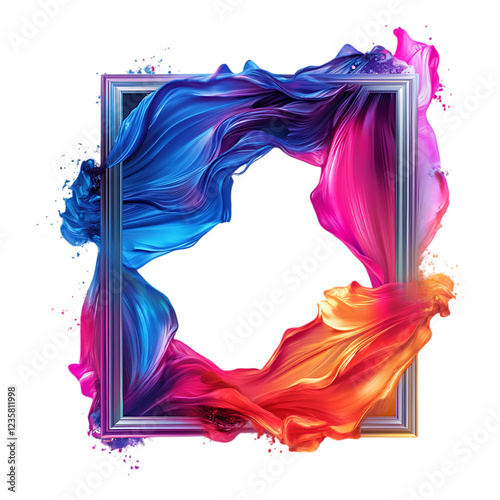 Dynamic swirl of magenta and blue fabric flows dramatically through a simple silver picture frame isolated on a transparent background for artistic.