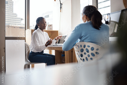 Support, businesswomen and friends in office talking in company for collaboration together. Teamwork, administration and female colleagues in discussion and chat for help or advice on break at work photo