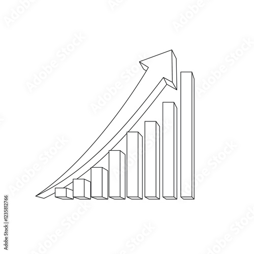 3d outline curvy arrow going upward, stock market, business and economic rise icon, outlined  arrow with increasing bars  