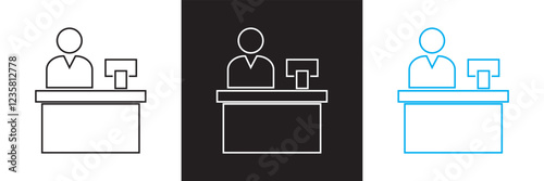 Reception desk icon set. Containing receptionist, hotel bell, customer service, counter, information, etc.  isolated on white and black background. vector illustration. EPS 10