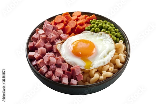 a bowl filled with a diced ham, a fried egg with a runny yolk, macaroni, greenpeas, and diced carrots photo