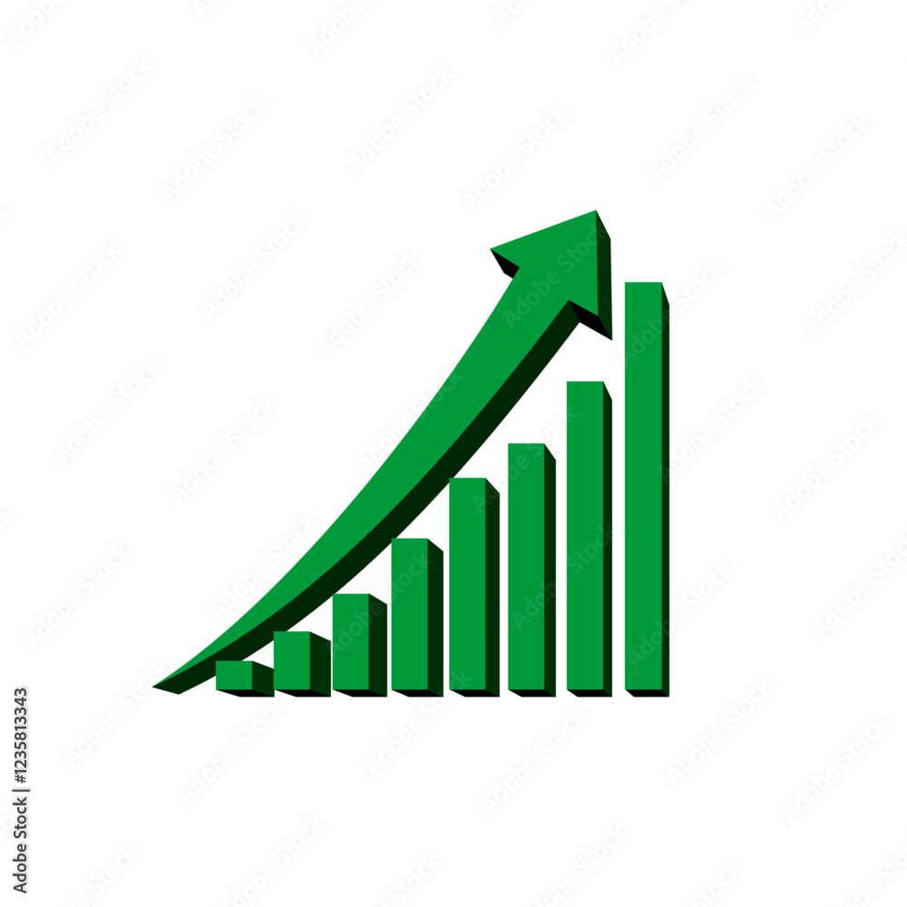 3d green curvy arrow going upward, stock market, business and economic rise icon, arrow with increasing green bars  