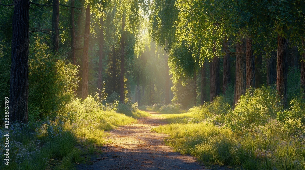 Fototapeta premium Soft sunlight breaks through the dense canopy of trees, illuminating a serene forest path. Lush greenery and wildflowers frame the trail, creating a tranquil atmosphere
