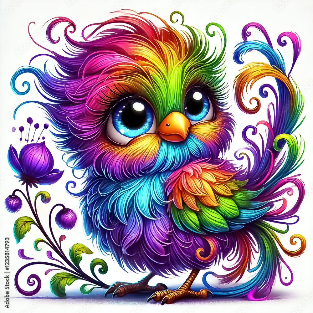 Naklejka premium A colorful, cute bird character with vibrant rainbow plumage, exaggerated and messy feathers and wide, expressive eyes, on an isolated white background for prints