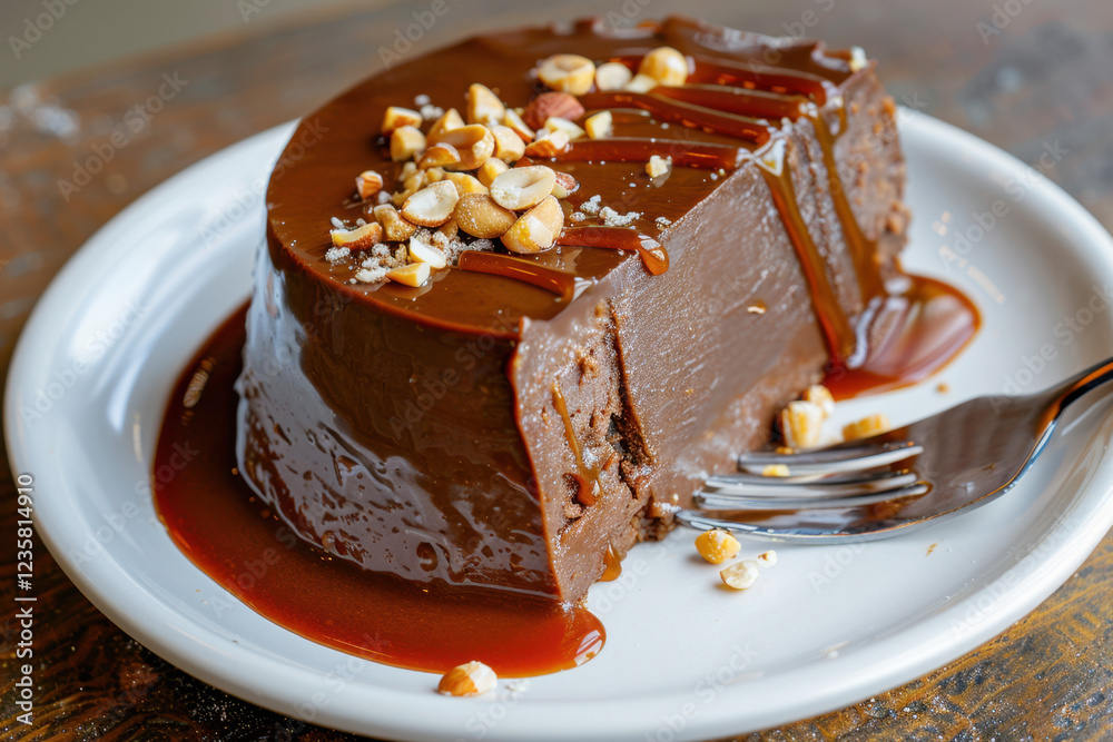 A rich and decadent chocolate caramel cake covered in a glossy caramel drizzle and topped with crunchy peanuts. Served on a white plate for a luxurious dessert experience.
A rich and decadent chocolate caramel cake covered in a glossy caramel drizzle and topped with crunchy peanuts. Served on a white plate for a luxurious dessert experience.