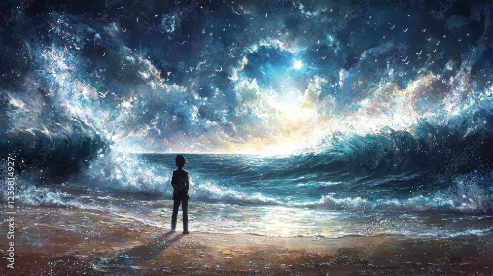 Obraz premium A young child stands on a quiet beach, mesmerized by the powerful waves crashing against the shore. The sky is illuminated with vibrant colors as the sun sets, creating a magical atmosphere