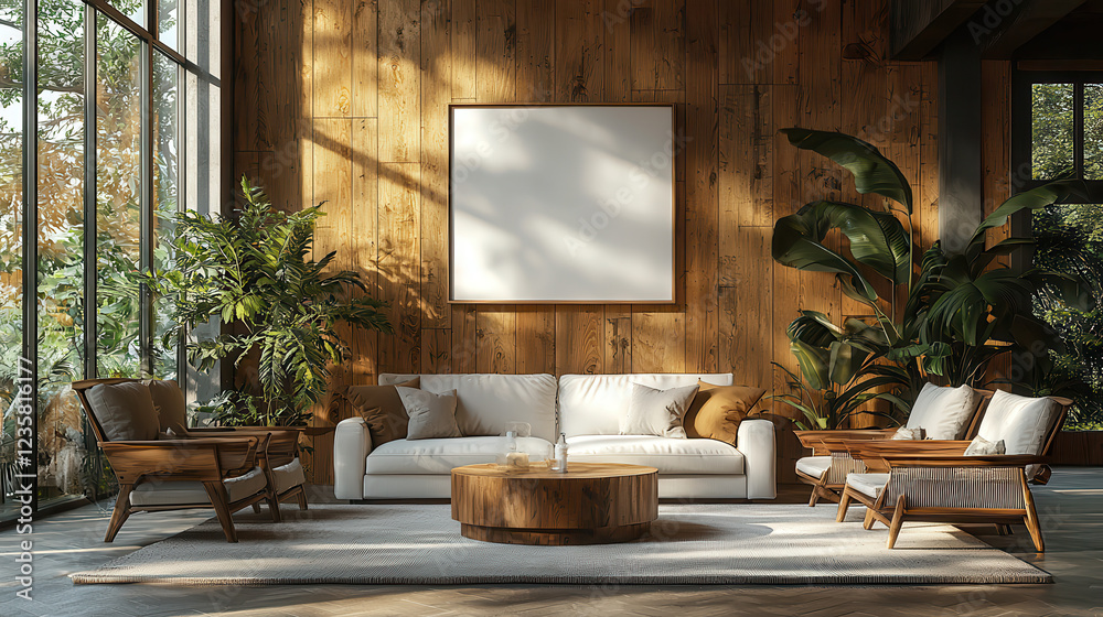 Fototapeta premium Modern Farmhouse Living Room with Mockup: A cozy and inviting living room in a modern farmhouse style, featuring a large window, wooden walls, a white sofa.