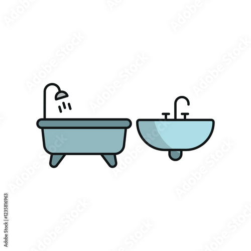 Sink set and bathtub set icon with a clean and minimal design, ideal for bathroom-related visuals, home decor, and interior design themes